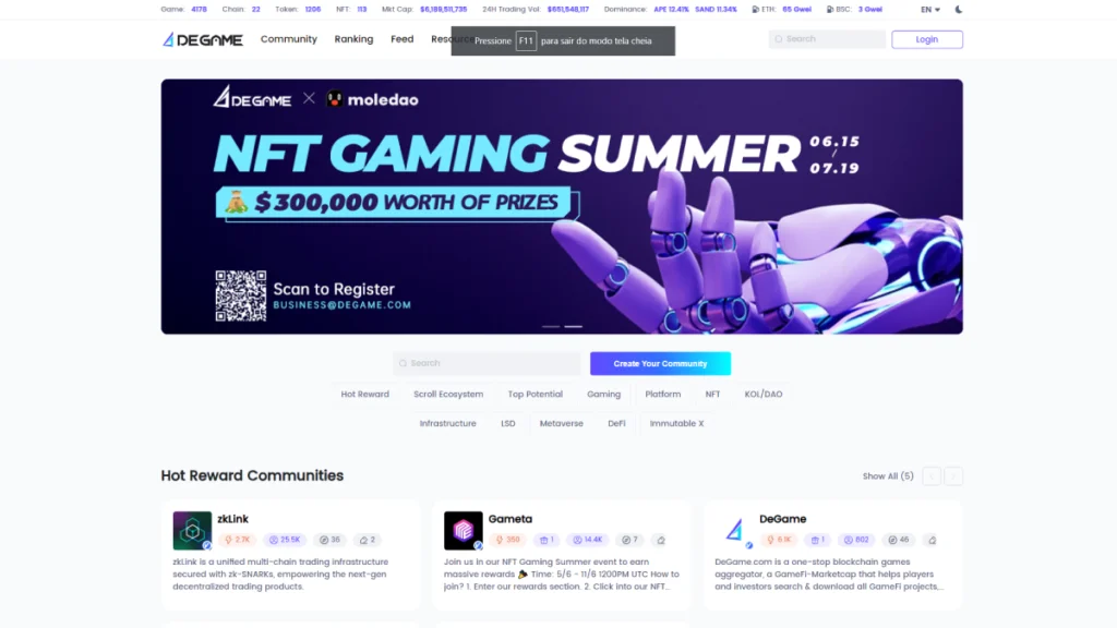A plataforma DeGame agrega diversos projetos GameFi