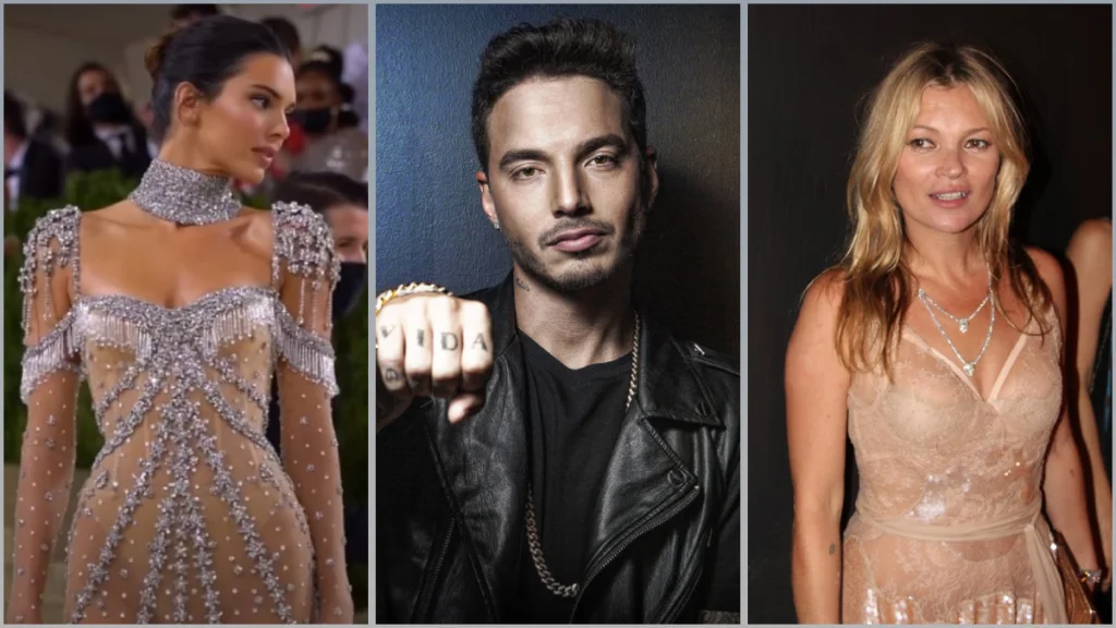 Da esquerda para a direita: Kendall Jenner, J Balvin e Kare Moss