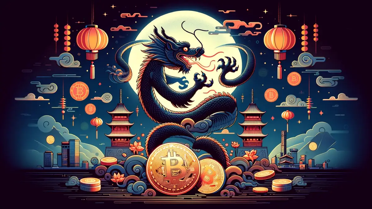 Ilustração de um Dragão chinês com Bitcoins representando a alta da criptomoeda com o início do ano novo da China