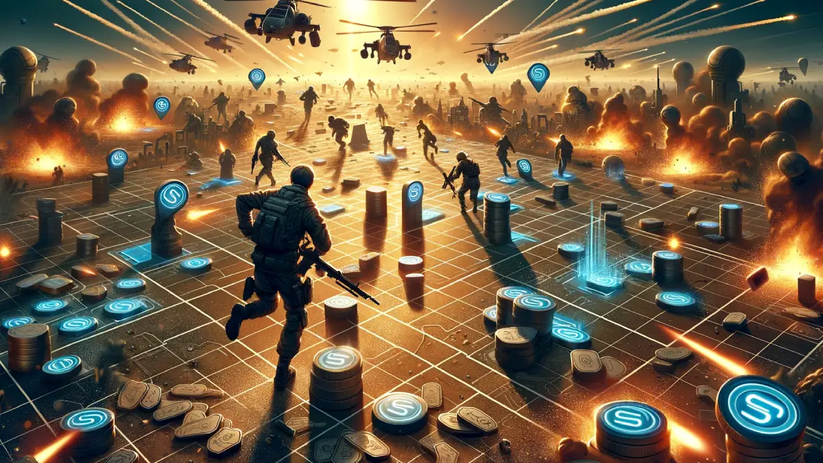 Ilustração representando a luta por tokens no FPS Shrapnel